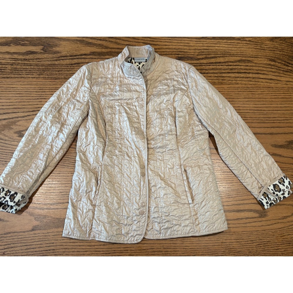 Chicos Quilted Jacket Champagne Beige Leopard Print Lining Snap Front Size 1 M